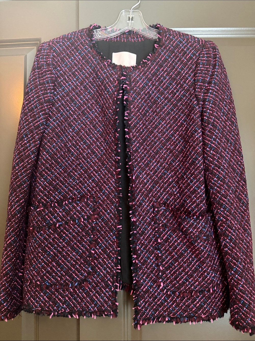 Rebecca Taylor Pink & Black Tweed Fringe Open-Front Jacket
